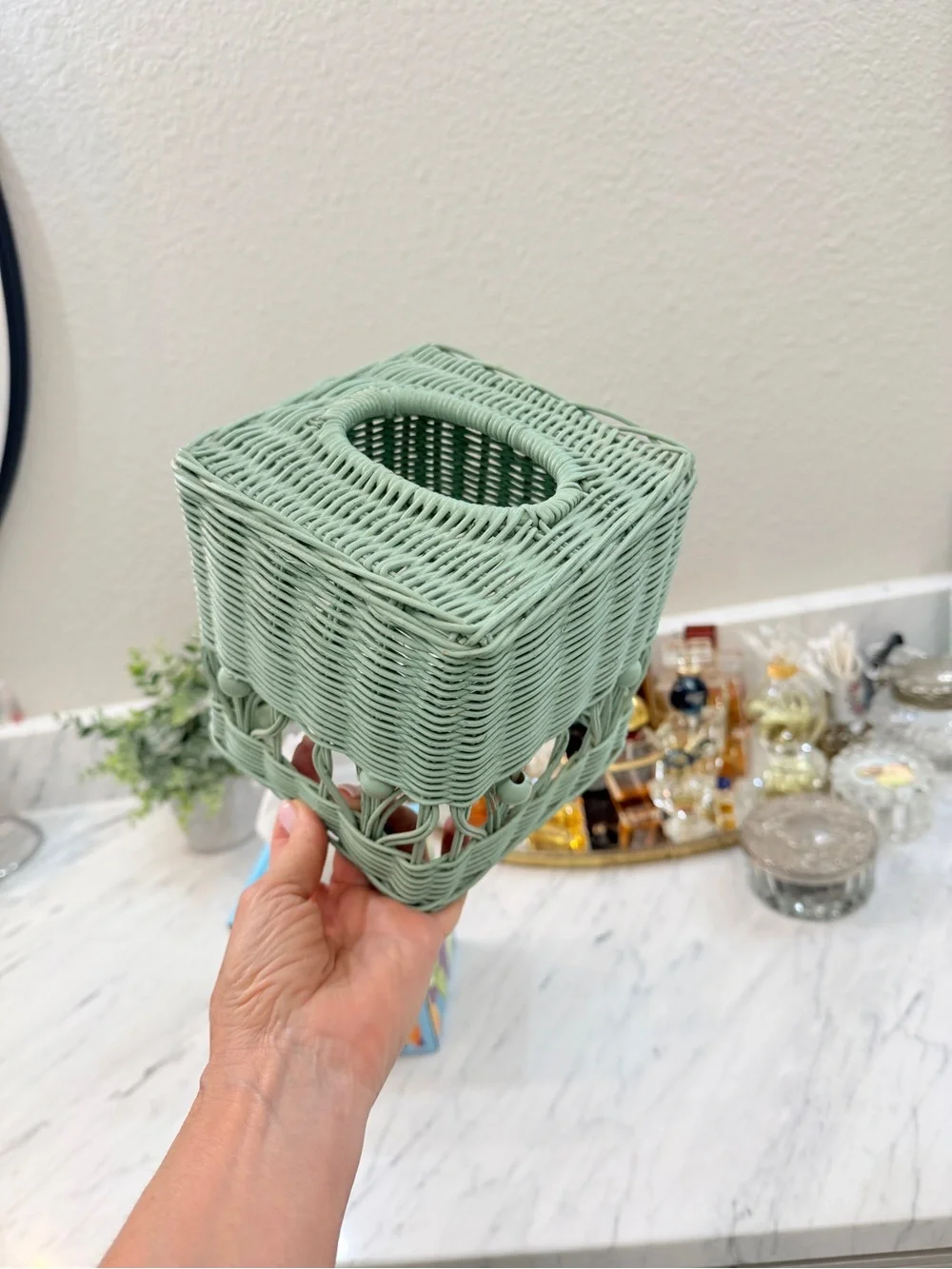 Vintage 1970s Mint Wicker Tissue Box Cover – Boho Handwoven